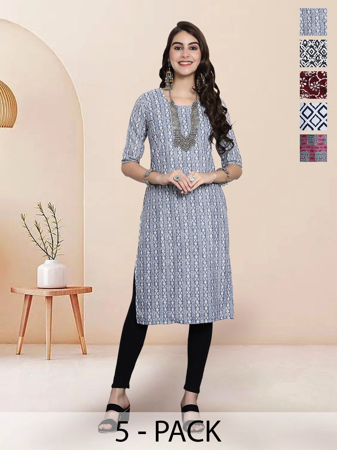 

7Threads Selection Of 5 Ethnic Motifs Printed Round-Neck Kurta, Black