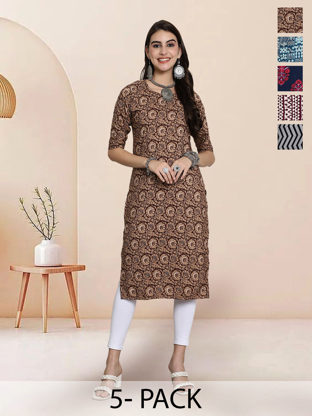 

7Threads Selection Of 5 Floral Printed Round Neck Kurtas, Brown