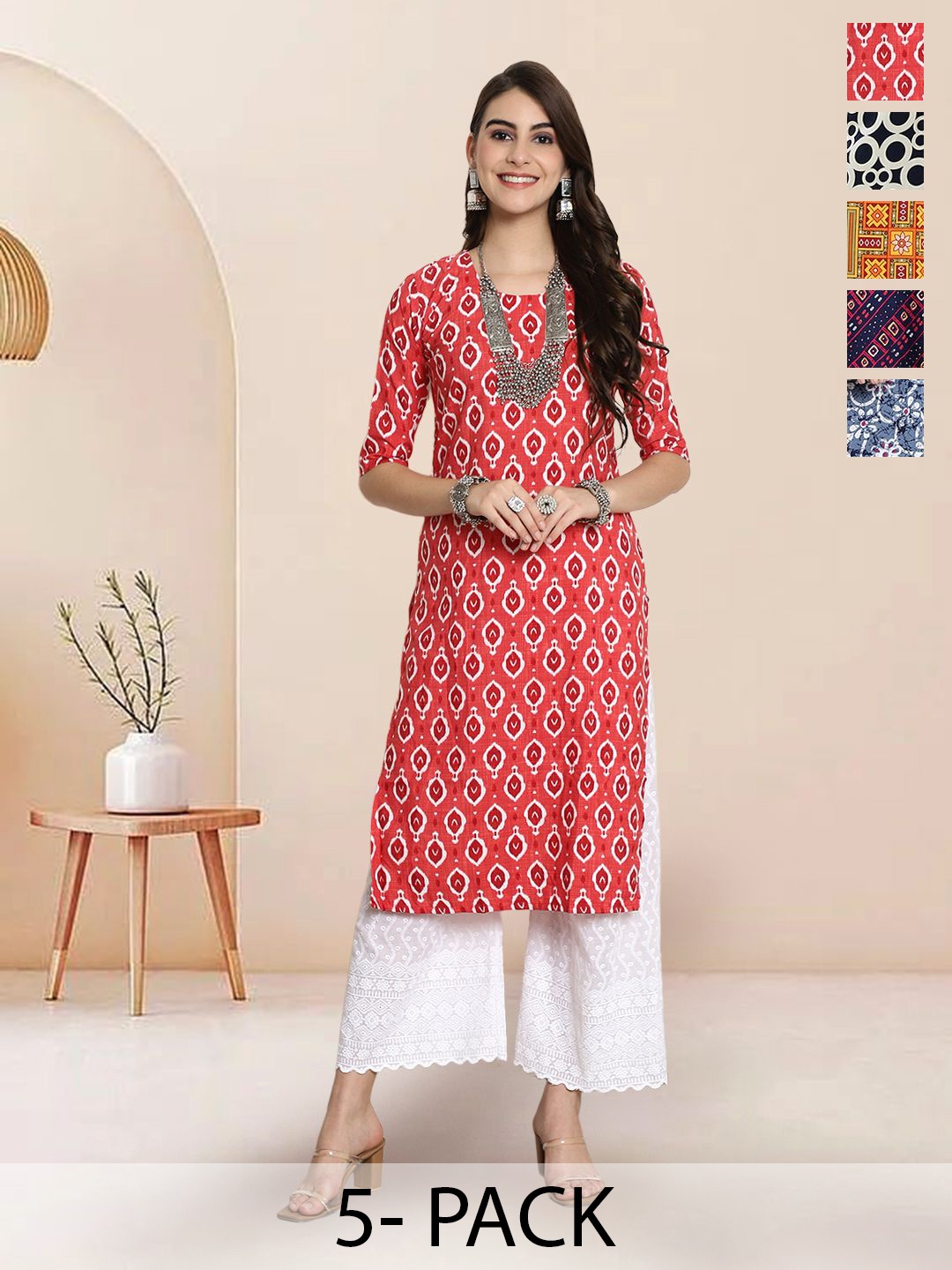 

7Threads Selection Of 5 Geometric Printed Round Neck Straight Kurtas, Red