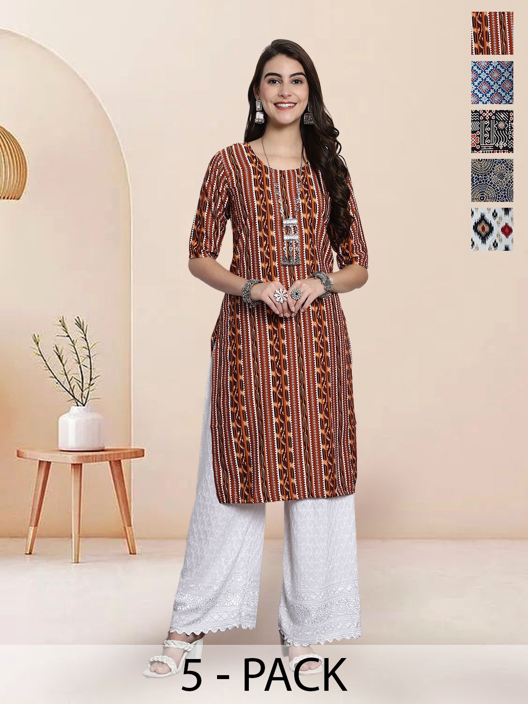 

7Threads Selection of 5 Geometric Printed Round Neck Straight Kurtas, Brown