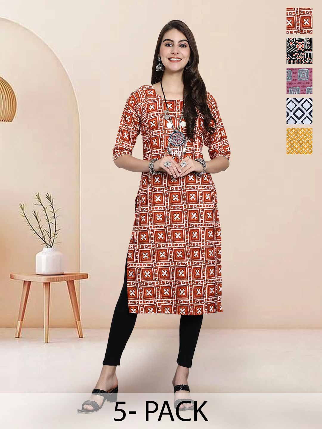 

7Threads Selection Of 5 Ethnic Motifs Printed Round Neck Straight Kurtas, Brown