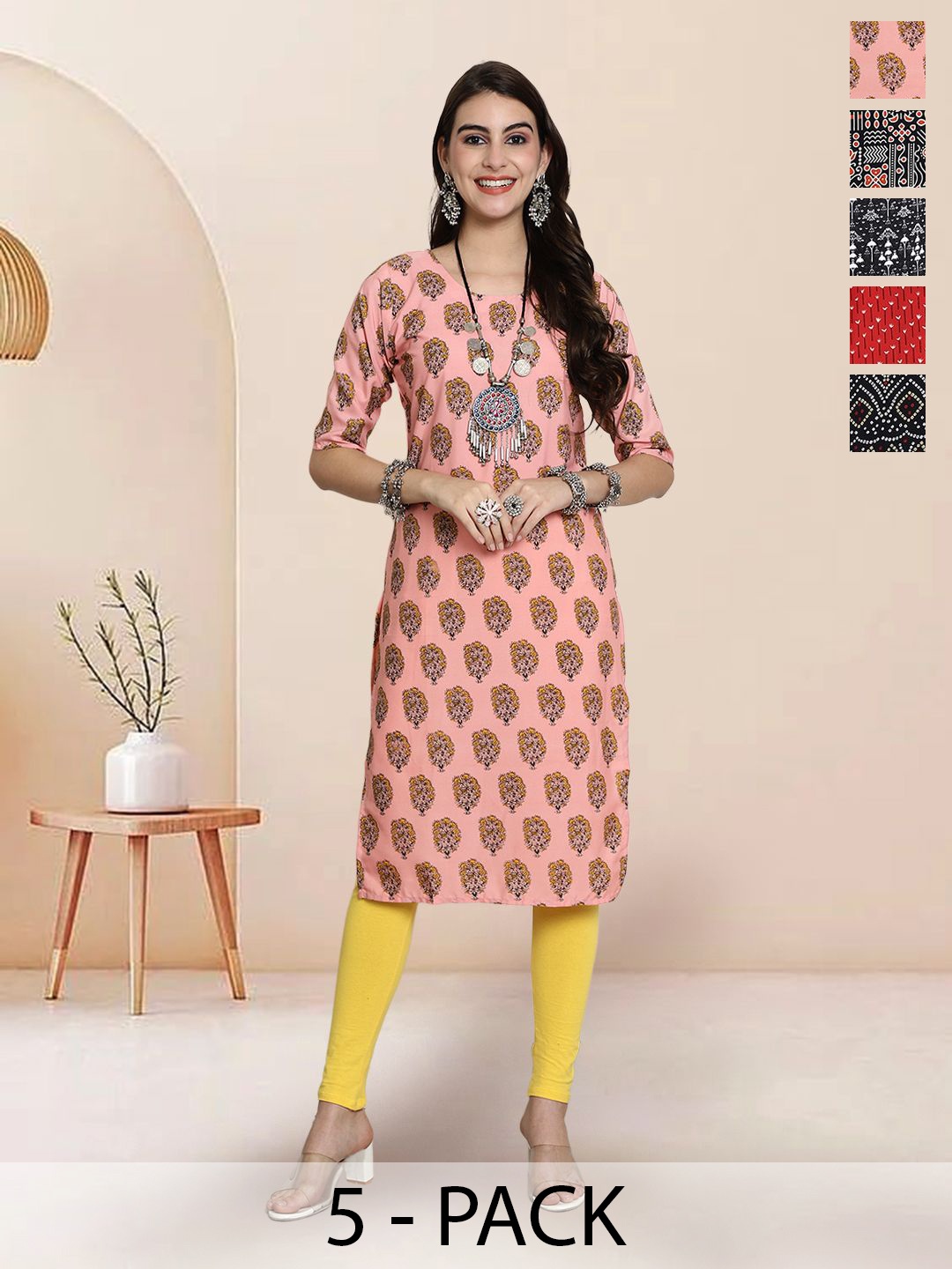 

7Threads Selection Of 5 Floral Printed Round Neck Straight Kurtas, Pink