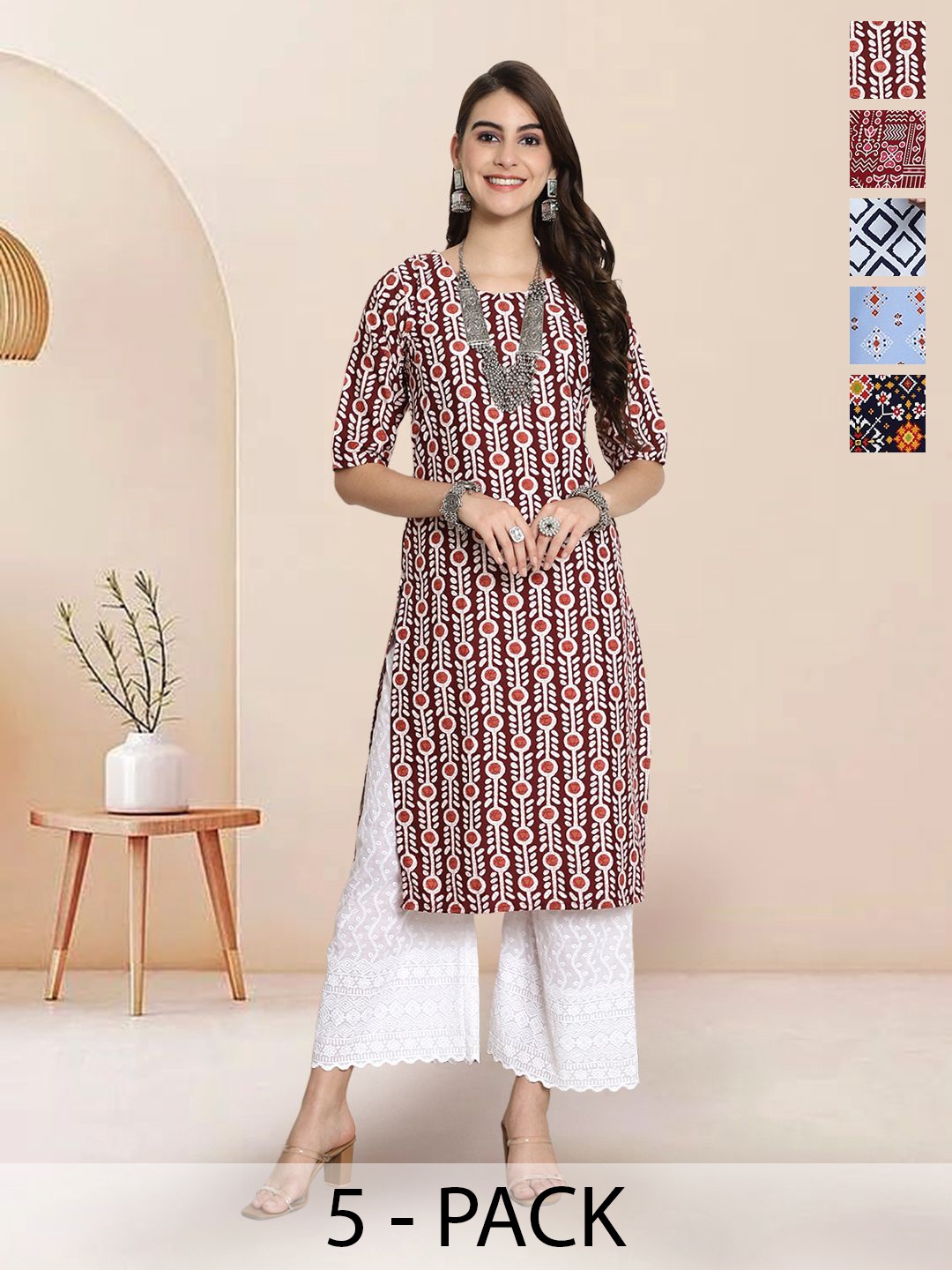 

7Threads Selection of 5 Ethnic Motifs Printed Round Neck Straight Kurtas, Maroon