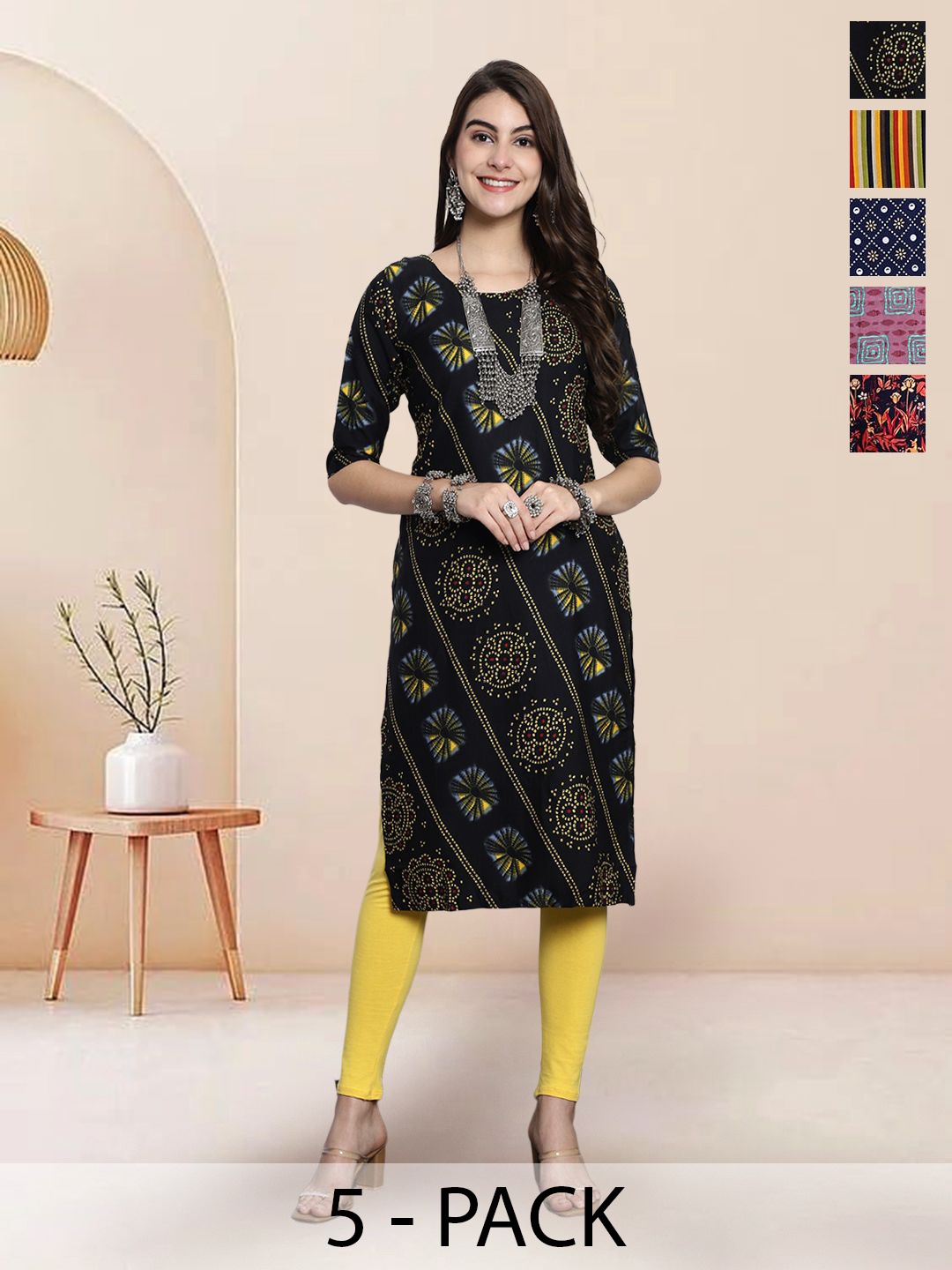 

7Threads Selection of 5 Ethnic Motifs Printed Straight Kurtas, Black