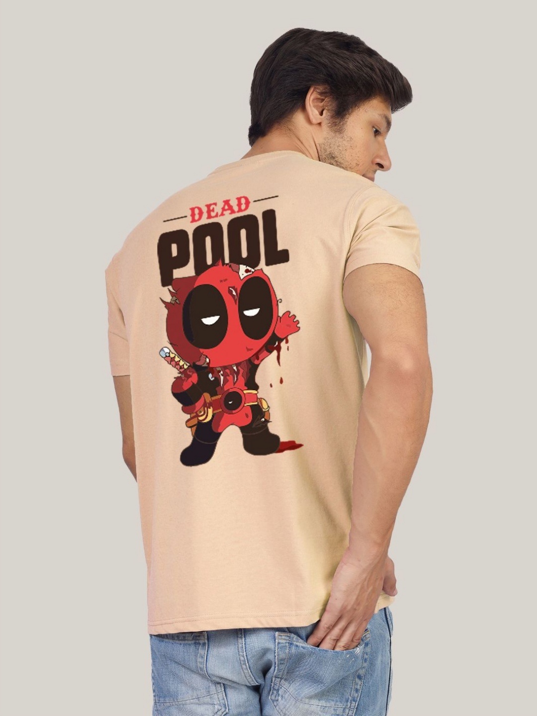 

Greylongg Men Deadpool Graphic Printed Round Neck Cotton T-shirt, Beige