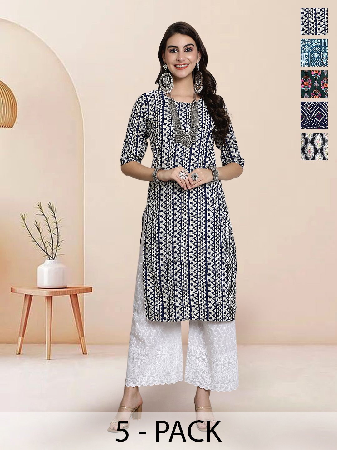 

7Threads Selection Of 5 Geometric Printed Round Neck Straight Kurtas, White