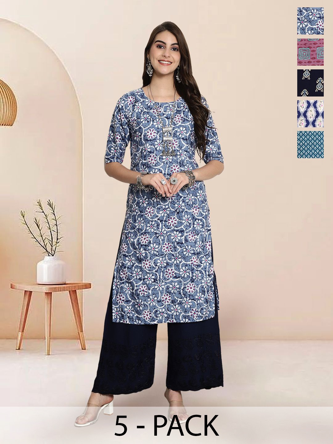 

7Threads Selection of 5 Floral Printed Round Neck Straight Kurtas, Grey