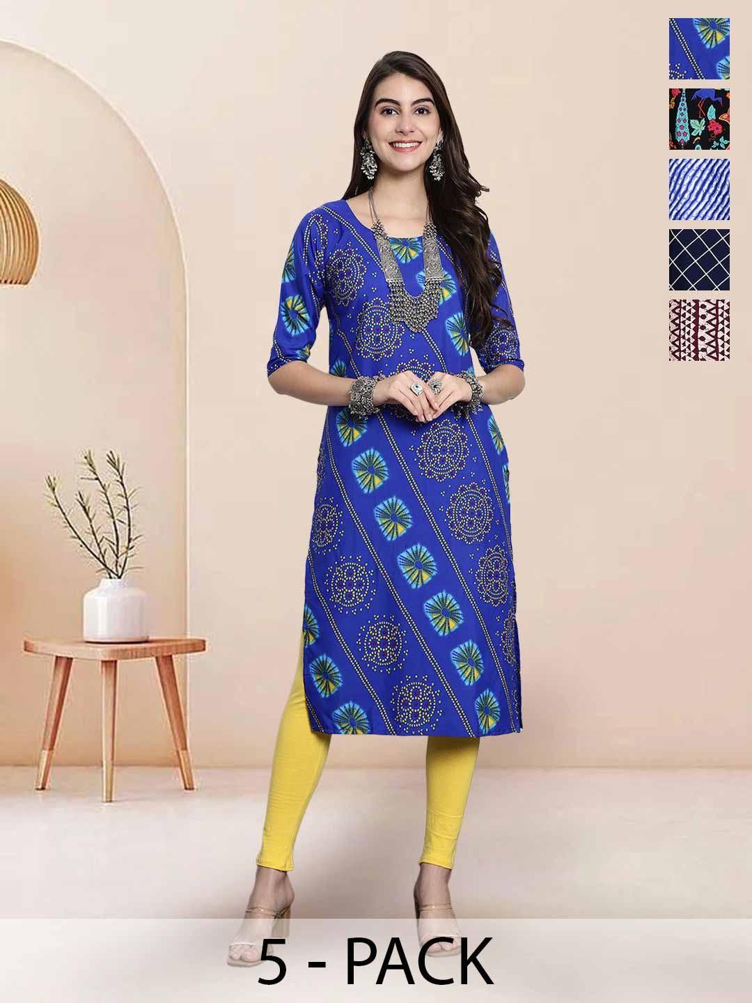 

7Threads Selection Of 5 Ethnic Motif Printed Straight Kurtas, Blue