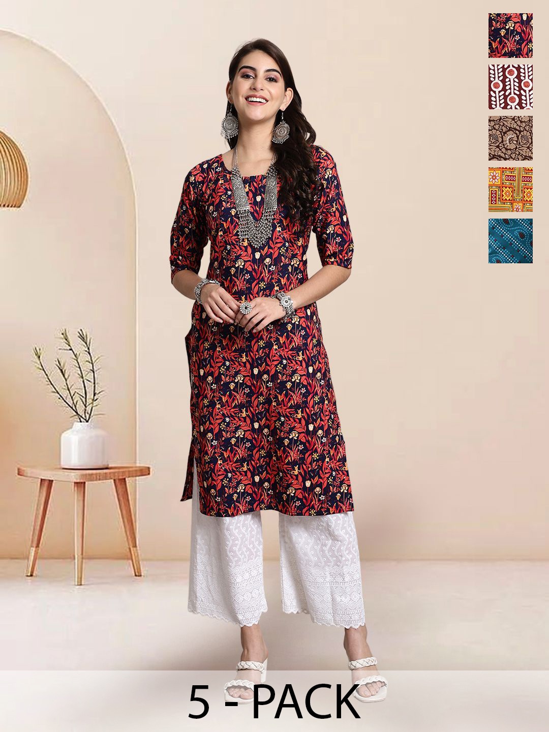 

7Threads Selection of 5 Geometric Printed Round Neck Straight Kurtas, Yellow