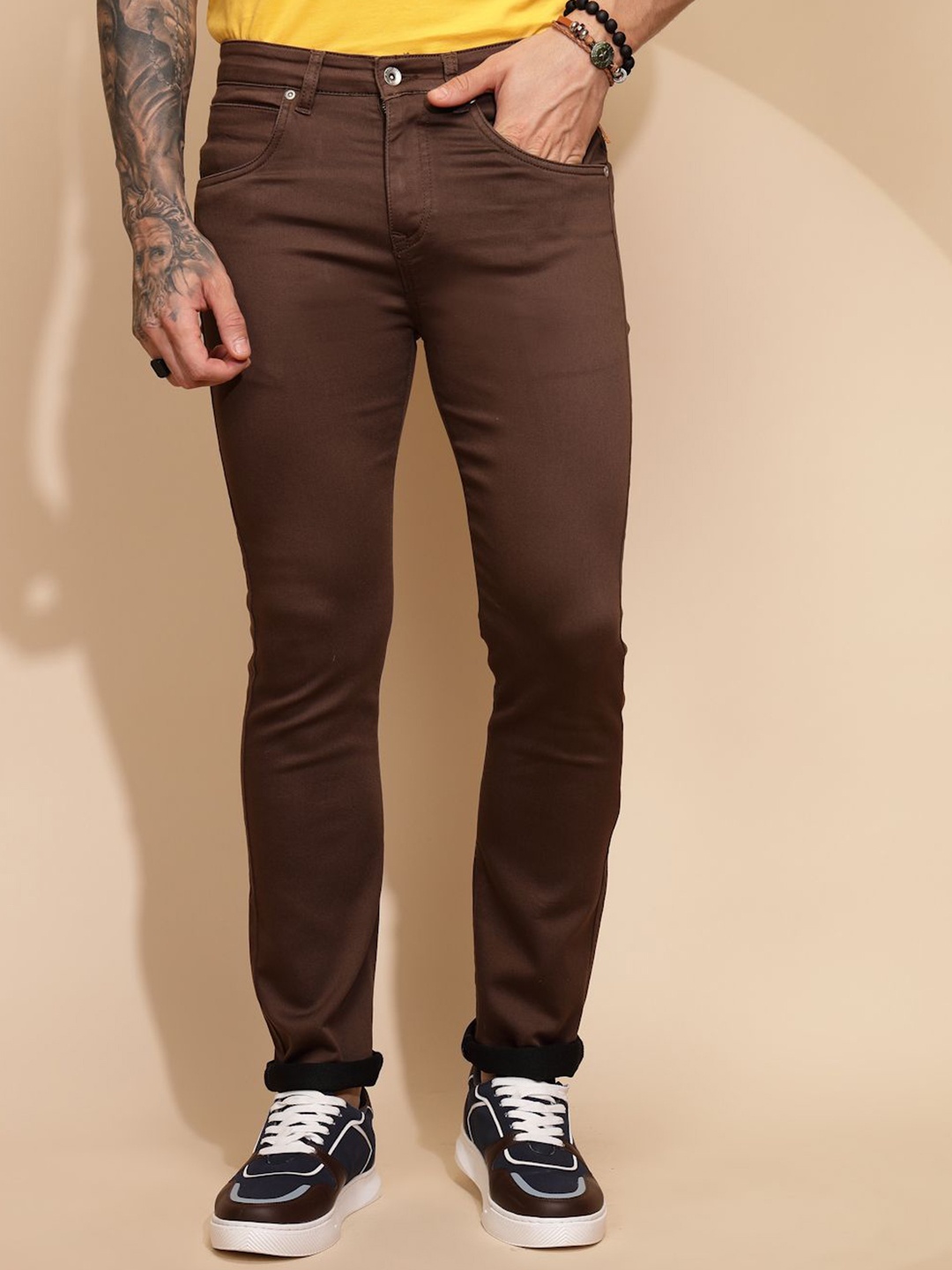 

Global Republic Men Smart Straight Fit High-Rise Wrinkle Free Trousers, Brown