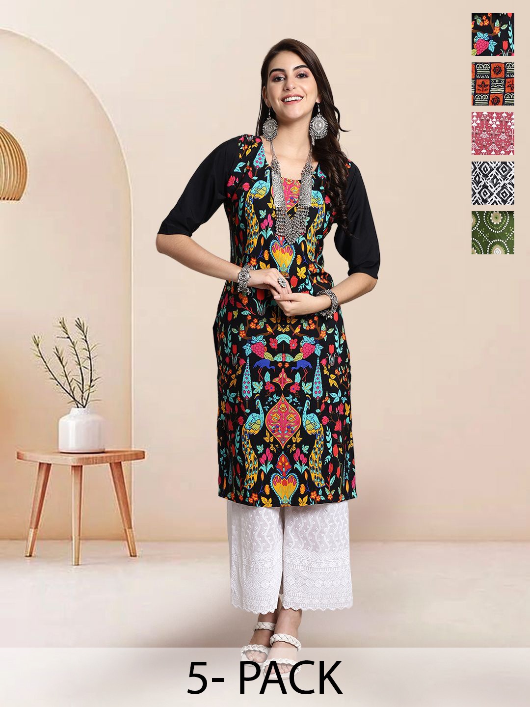 

7Threads Selection of 5 Ethnic Motifs Printed Round Neck Straight Kurtas, Black