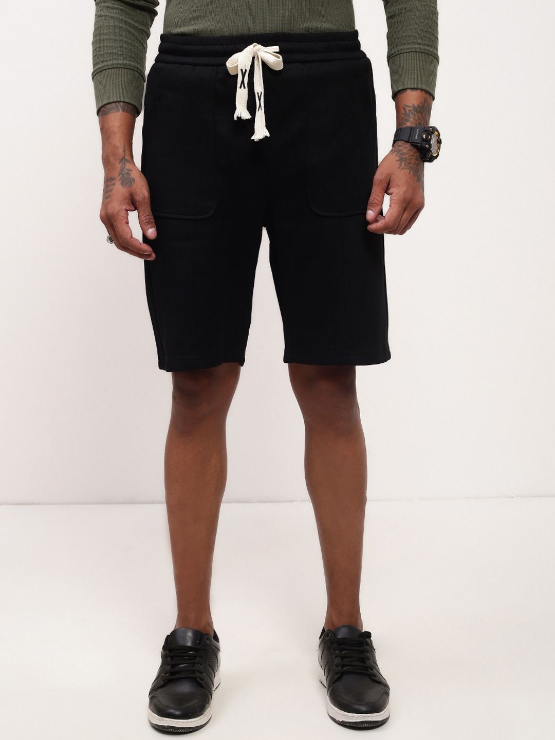 

SHOWOFF Men Cotton Solid Mid-Rise Shorts, Black
