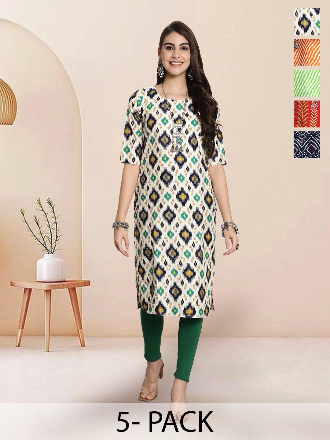 

7Threads Selection Of 5 Leheriya Printed Round Neck Kurtas, Green