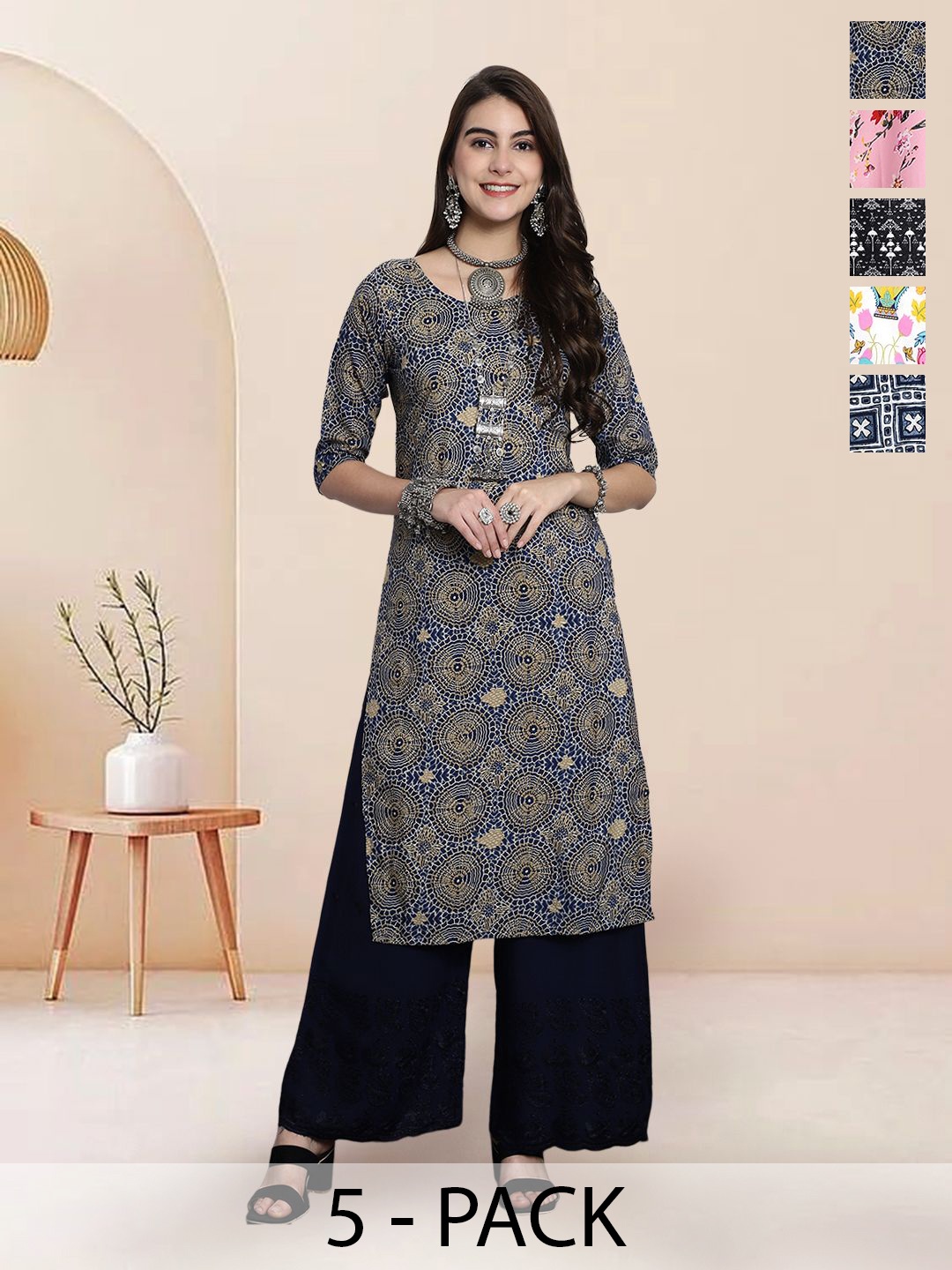 

7Threads Selection Of 5 Geometric Printed Round Neck Straight Kurtas, Blue