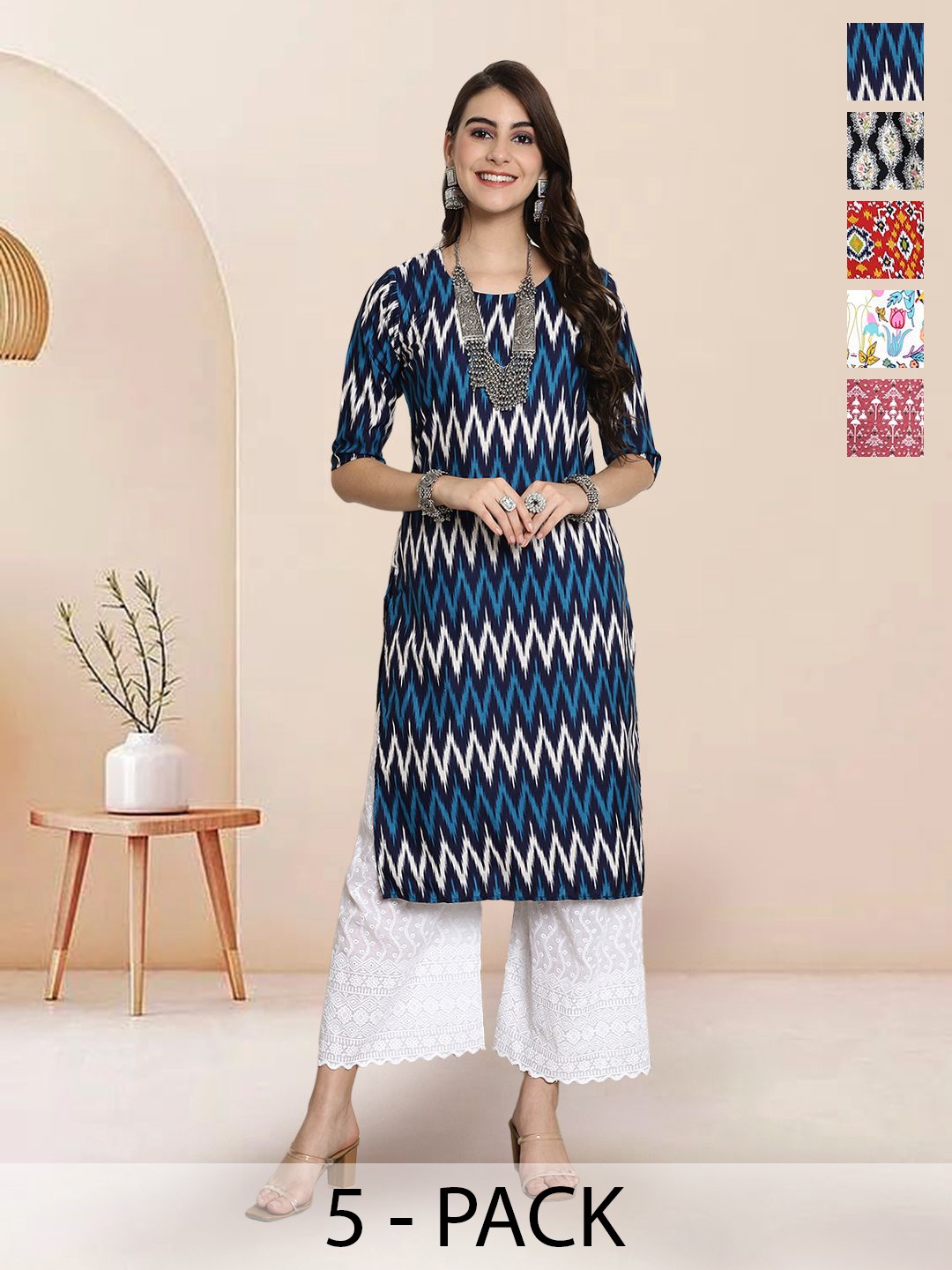 

7Threads Selection Of 5 Chevron Printed Round Neck Straight Kurtas, Black