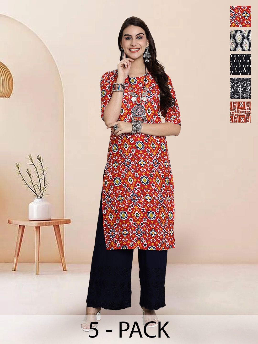 

7Threads Selection Of 5 Ethnic Motifs Printed Round Neck Straight Kurtas, Red