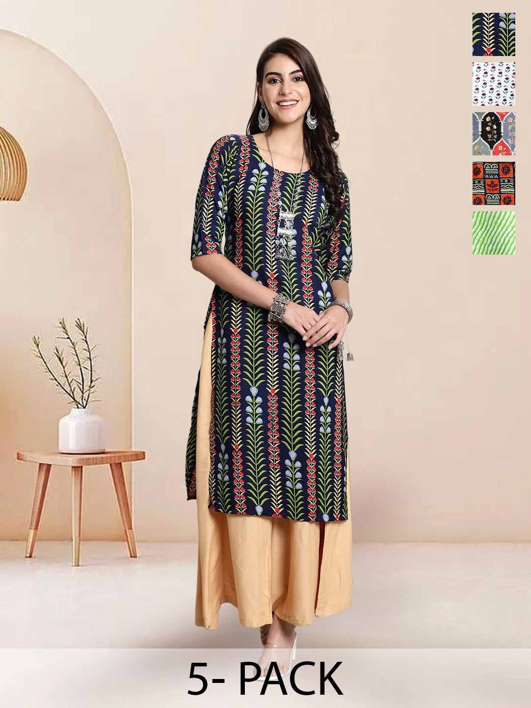 

7Threads Selection of 5 Floral Printed Round Neck Straight Kurtas, Navy blue