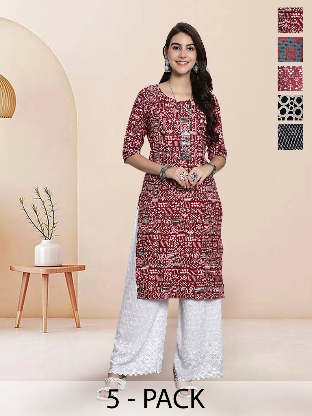 

7Threads Selection Of 5 Geometric Printed Straight Kurtas, Maroon