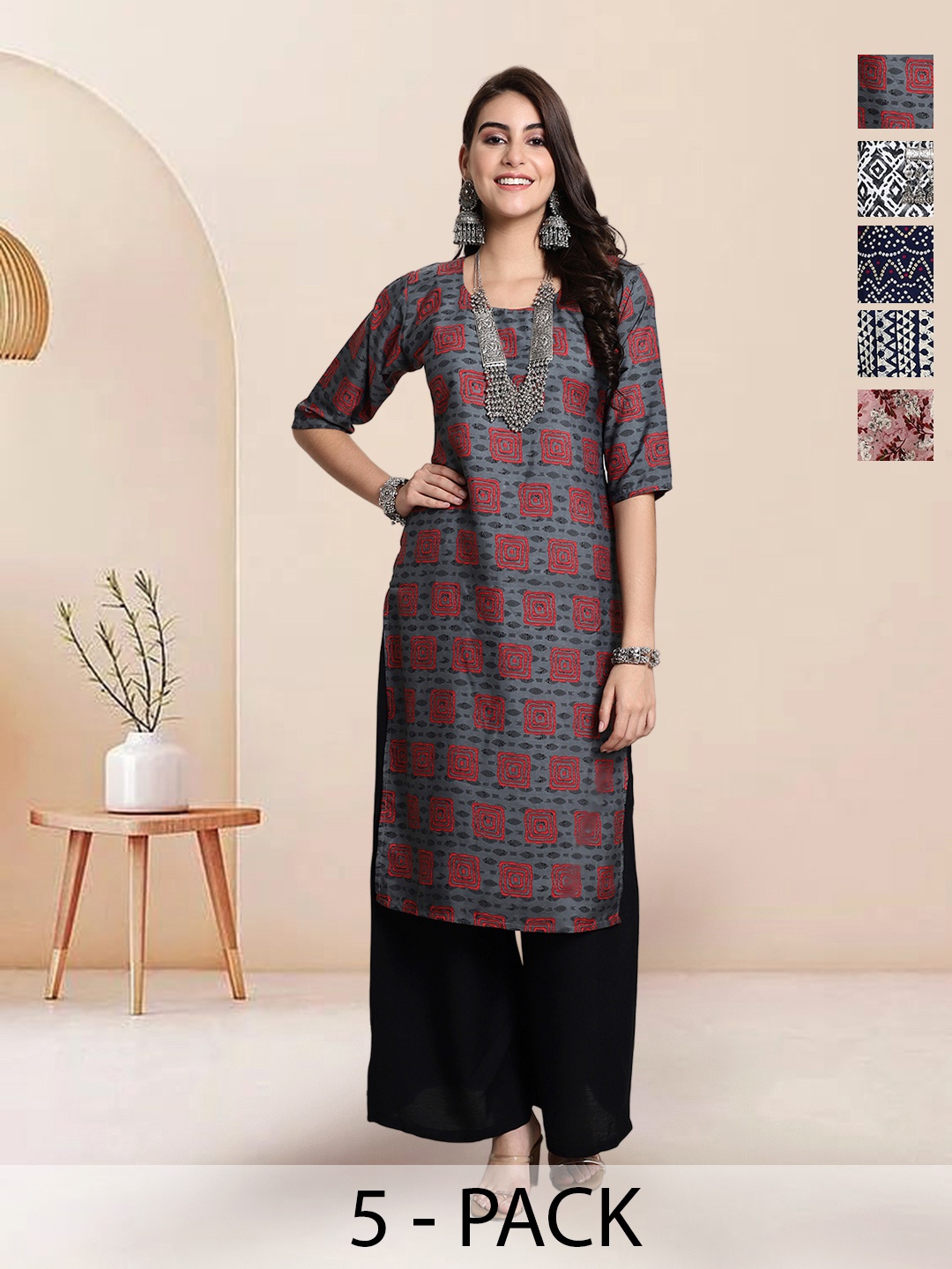 

7ThreadsSelection of 5 Geometric Printed Round Neck Straight Kurtas, Grey