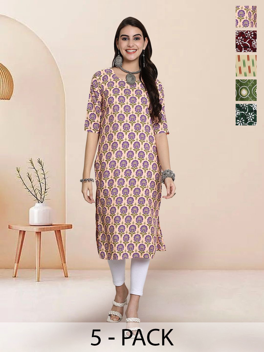 

7Threads Selection Of 5 Floral Printed Round Neck Straight Kurtas, Peach