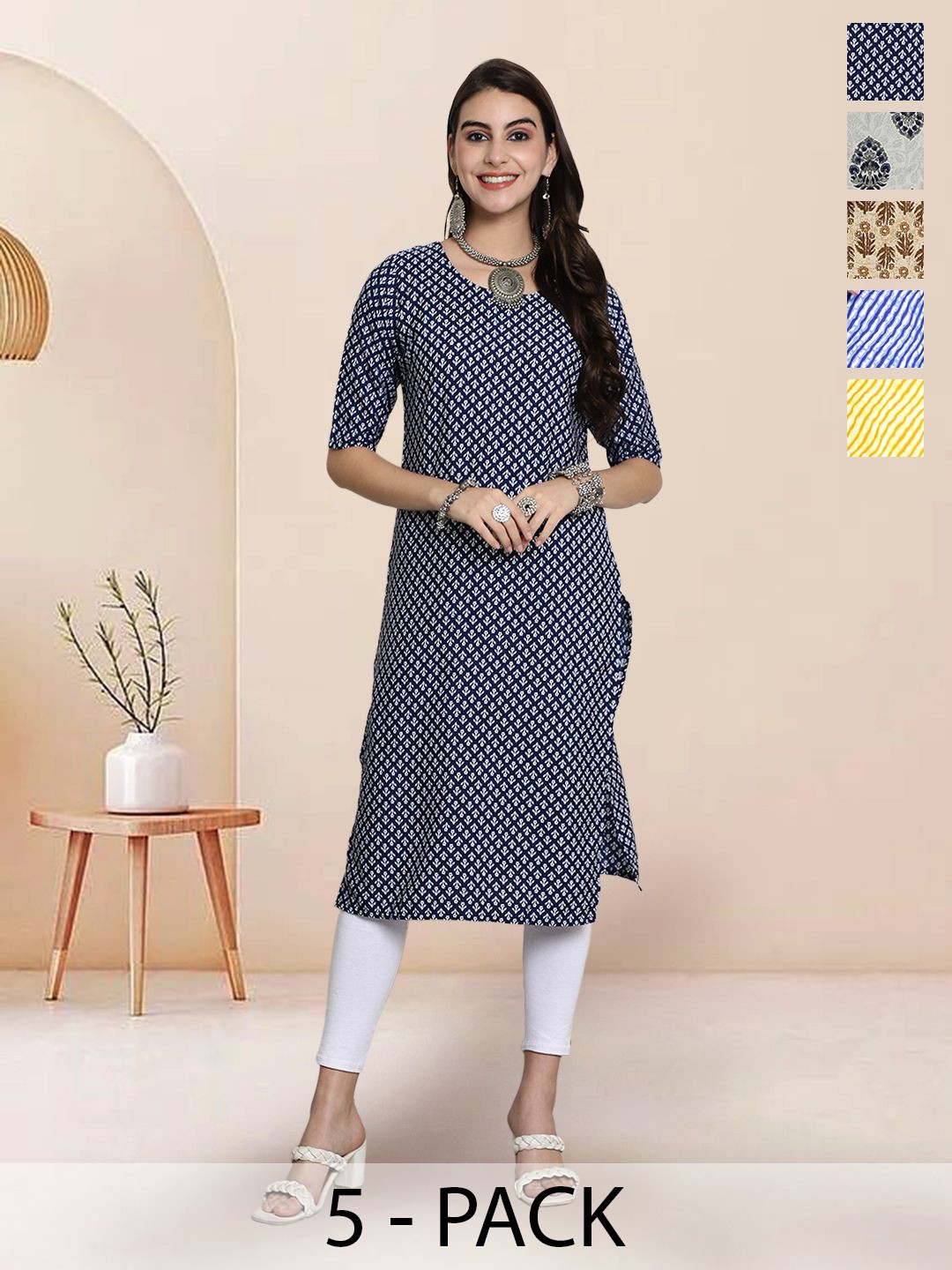 

7Threads Selection Of 5 Floral Printed Round Neck Straight Kurtas, Navy blue