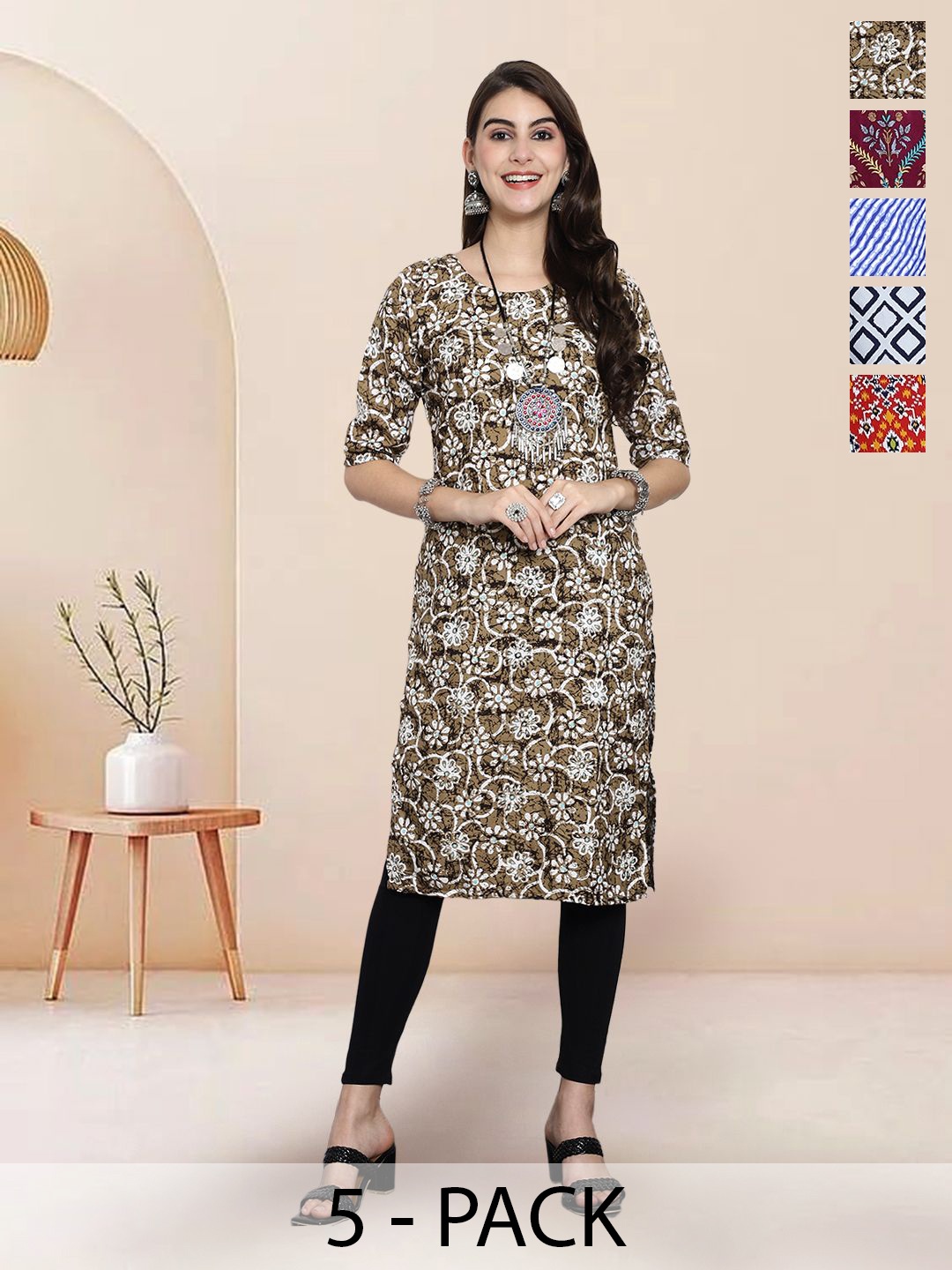 

7Threads Selection Of 5 Floral Printed Round Neck Straight Kurtas, Brown