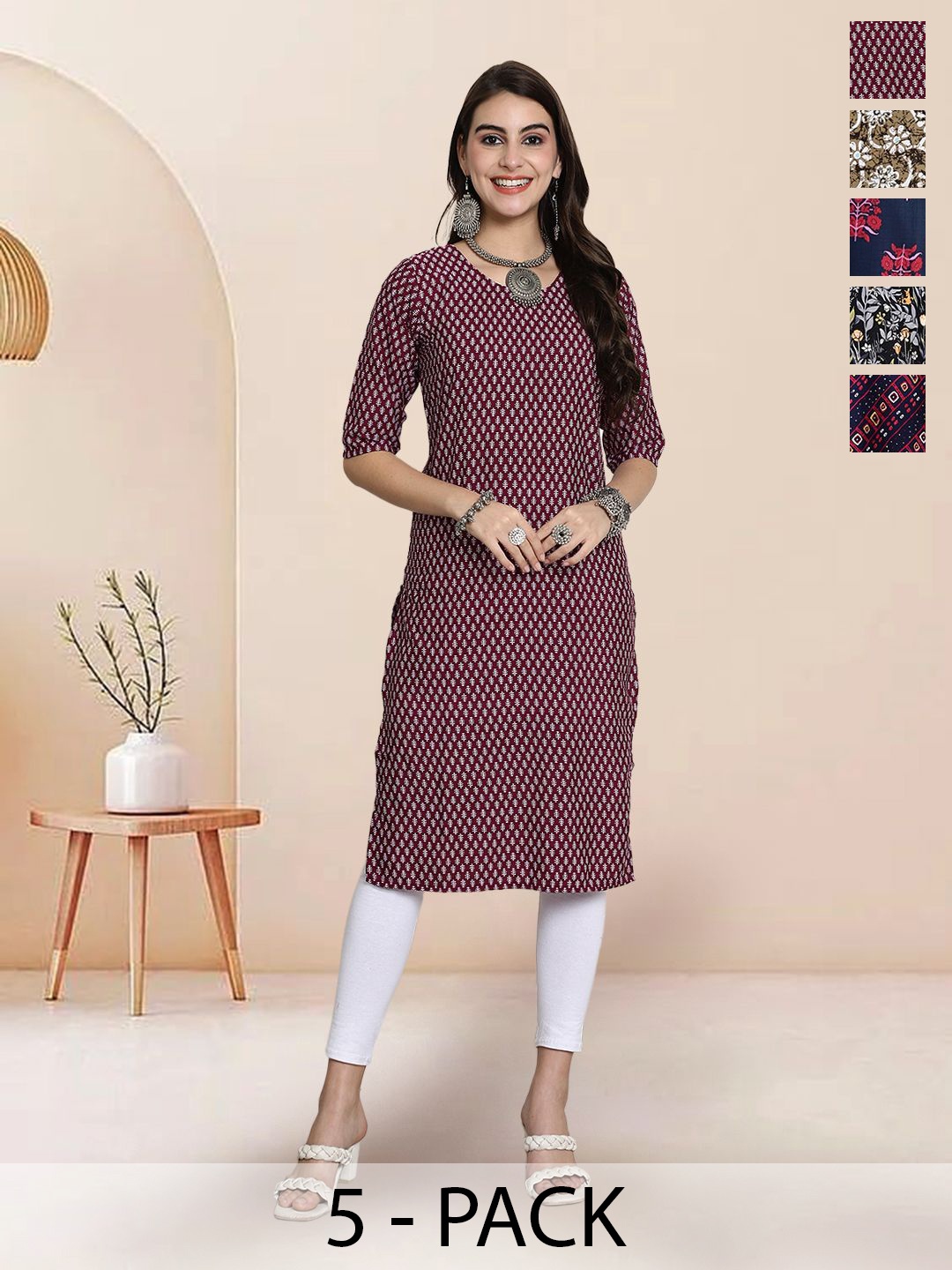 

7Threads Selection of 5 Floral Printed Round Neck Straight Kurtas, Maroon