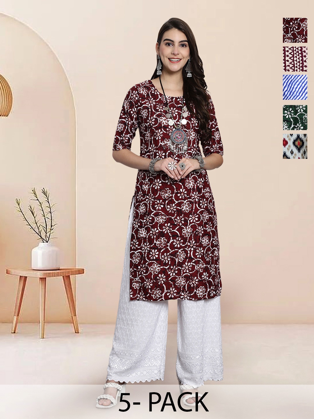 

7Threads Selection Of 5 Floral Printed Round Neck Straight Kurtas, Maroon