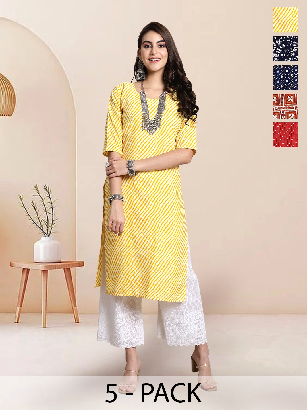 

7Threads Selection Of 5 Ethnic Motifs Printed Round Neck Straight Kurtas, Navy blue