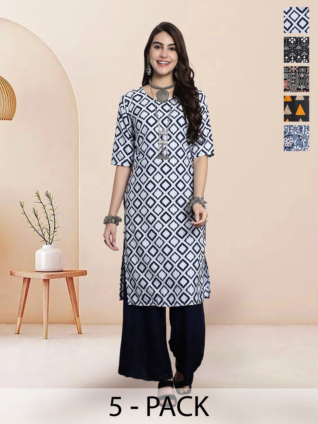 

7Threads Selection of 5 Geometric Printed Straight Kurtas, Blue