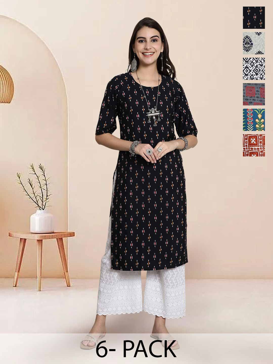 

7Threads Selection Of 6 Geometric Printed Straight Kurtas, Black