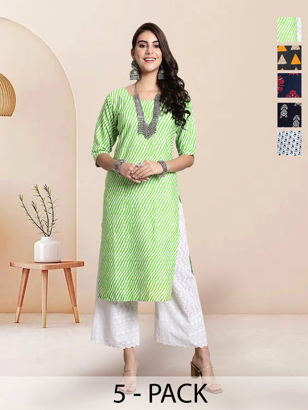 

7Threads Selection Of 5 Leheriya Printed Straight Kurtas, Green