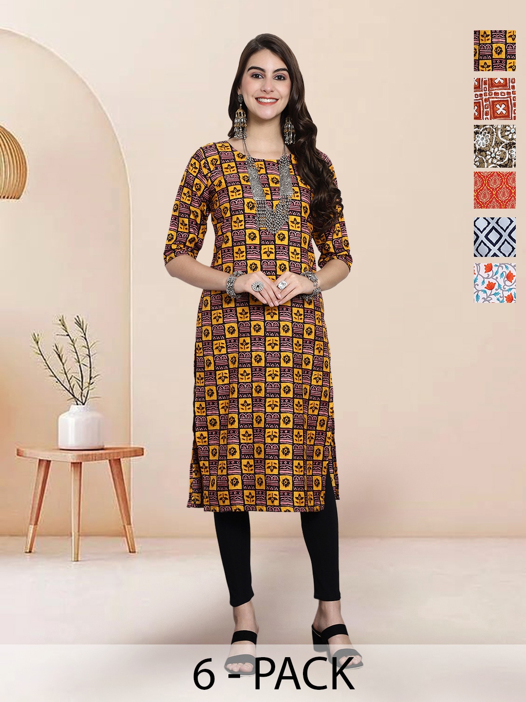

7Threads Selection Of 6 Floral Printed Round Neck Straight Kurtas, Black