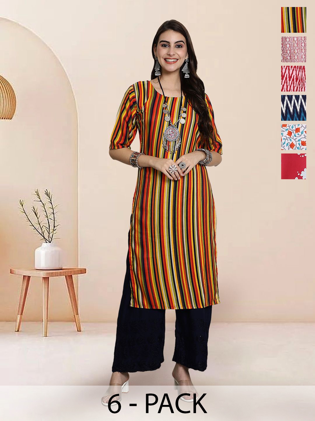 

7Threads Selection Of 6 Striped Round Neck Straight Kurtas, Yellow