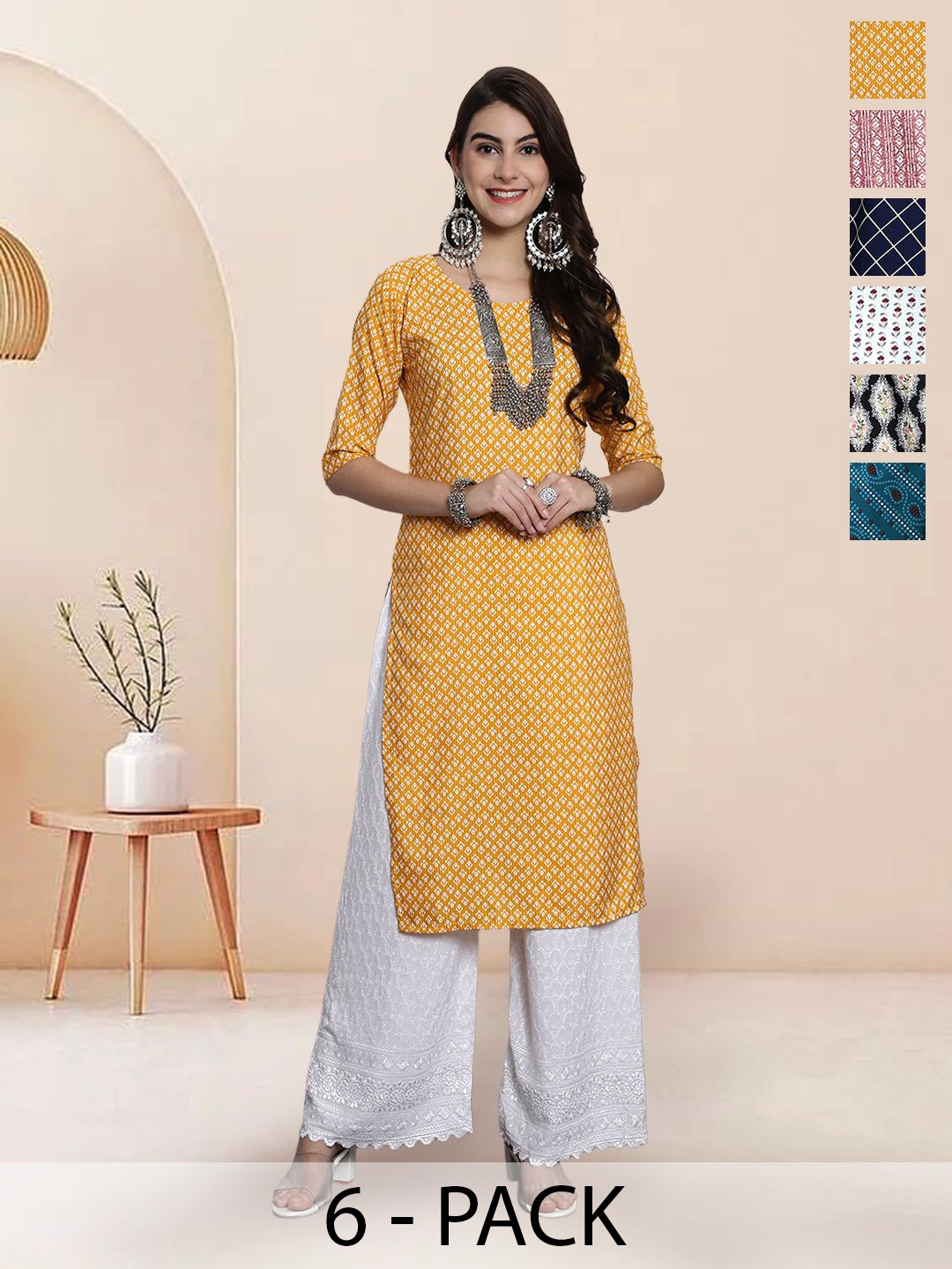 

7Threads Selection Of 6 Floral Printed Round Neck Straight Kurtas, Yellow