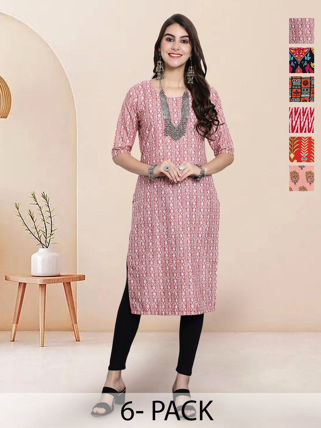 

7Threads Selection Of 6 Geometric Printed Round Neck Straight Kurtas, Pink