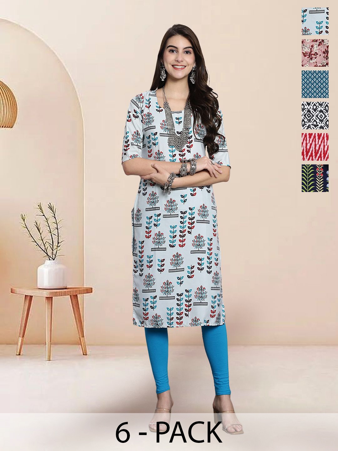 

7Threads Selection Of 6 Ethnic Motifs Printed Round Neck Straight Kurtas, Blue