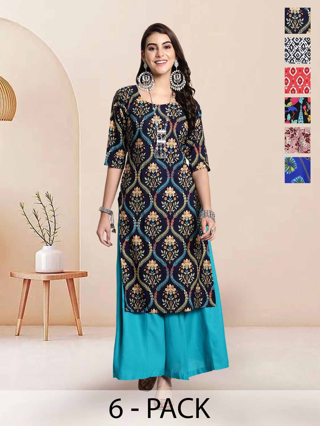 

7Threads Selection of 6 Floral Printed Round Neck Straight Kurtas, Navy blue