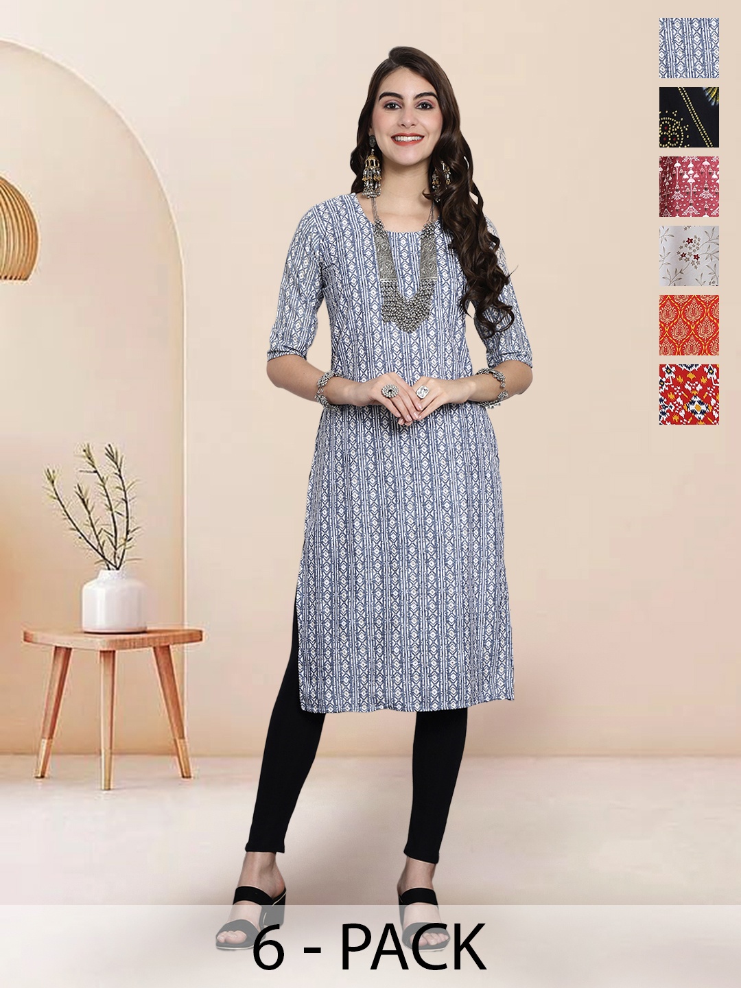 

7Threads Selection Of 6 Ethnic Motifs Printed Round Neck Straight Kurtas, Mauve