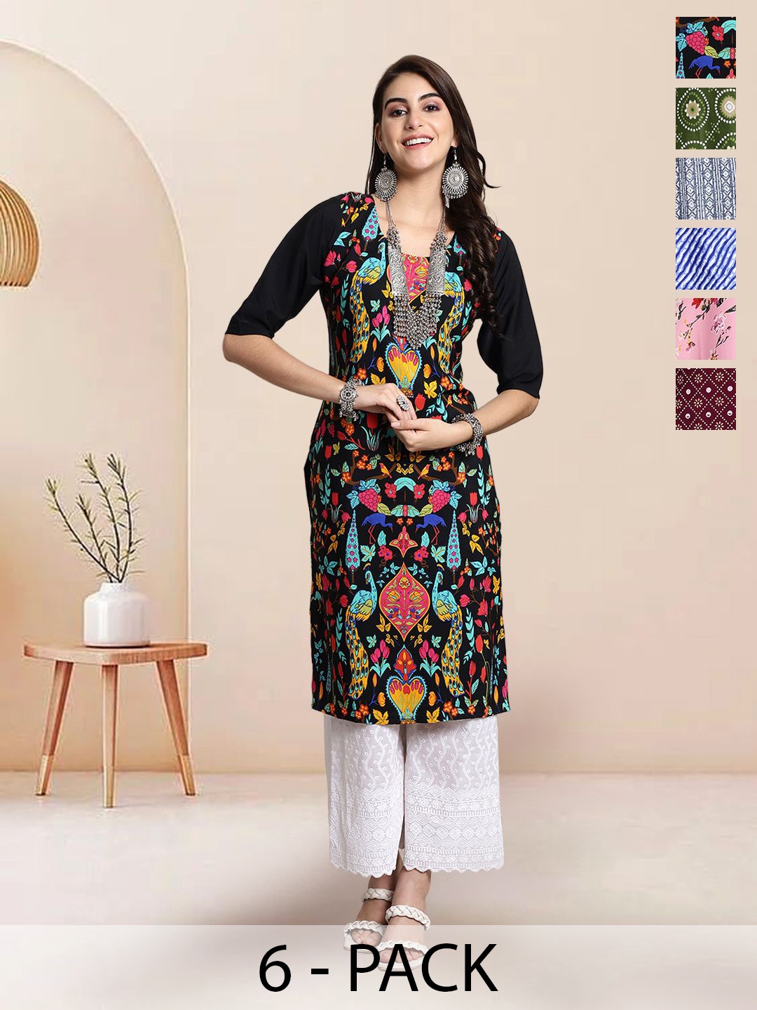 

7Threads Selection Of 6 Floral Printed Round Neck Straight Kurtas, Black