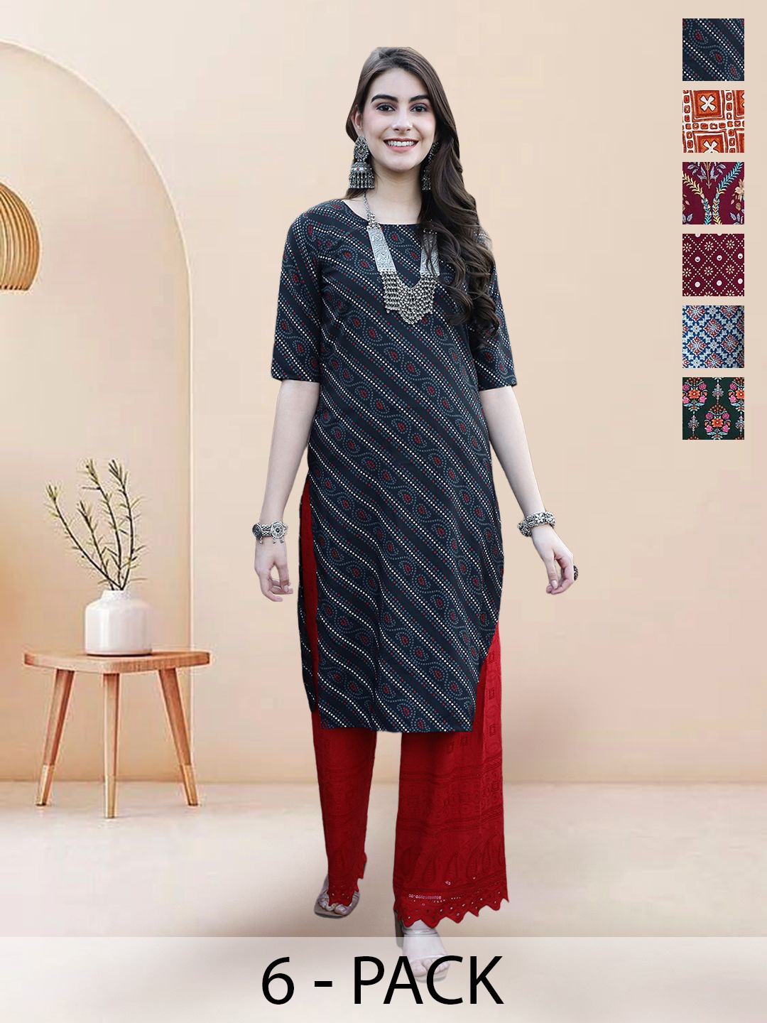 

7Threads Selection Of 6 Bandhani Printed Round Neck Kurtas, Black