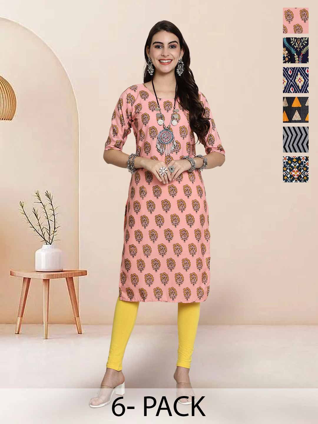 

7Threads Selection Of 6 Floral Printed Round Neck Kurtas, Pink