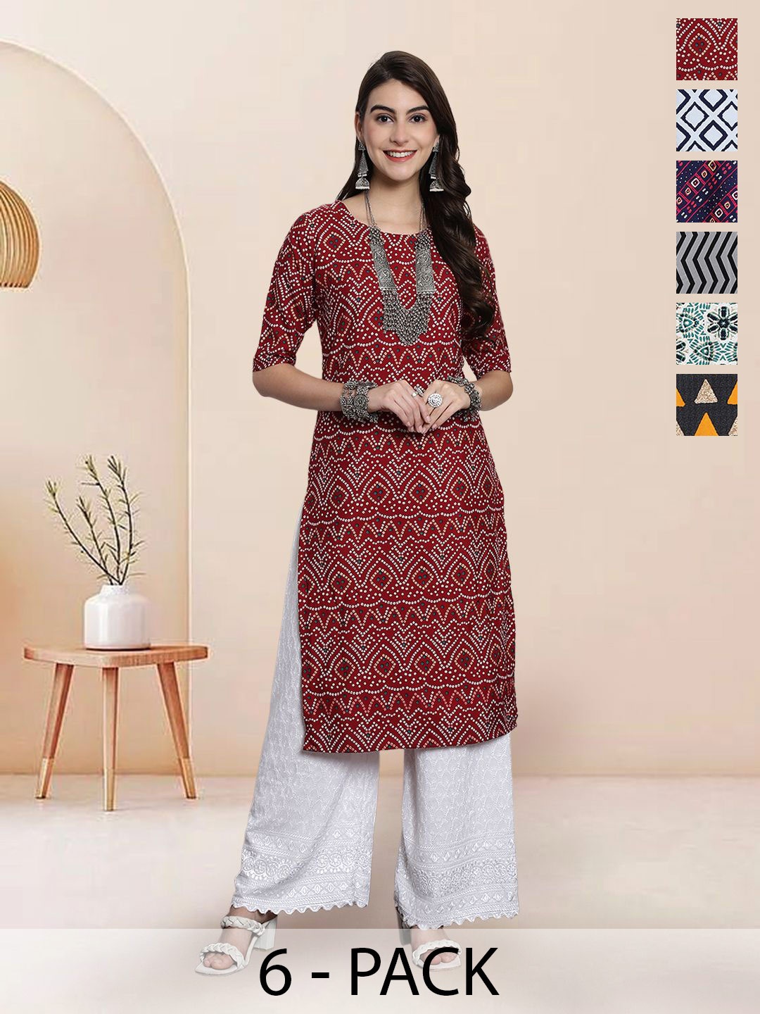 

7Threads Selection Of 6 Geometric Printed Round Neck Straight Kurtas, Maroon