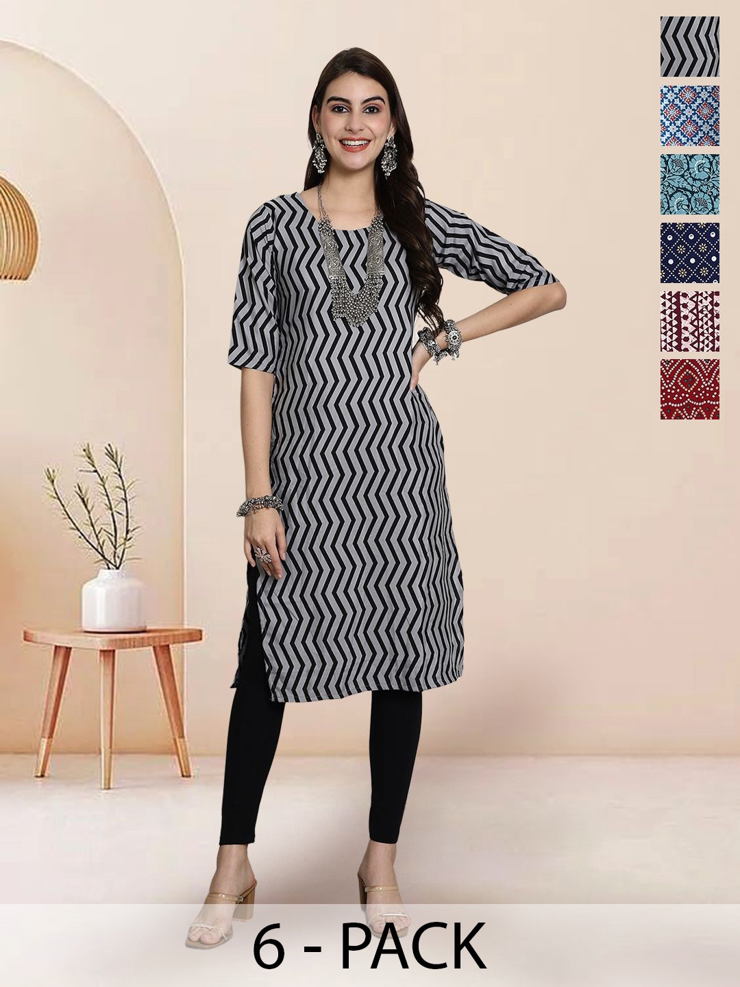 

7Threads Selection Of 6 Geometric Printed Straight Kurtas, Black