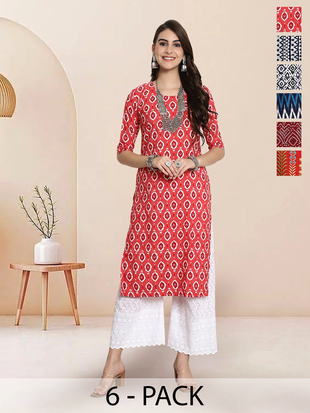 

7Threads Selection of 6 Ethnic Motifs Printed Round Neck Straight Kurtas, Red
