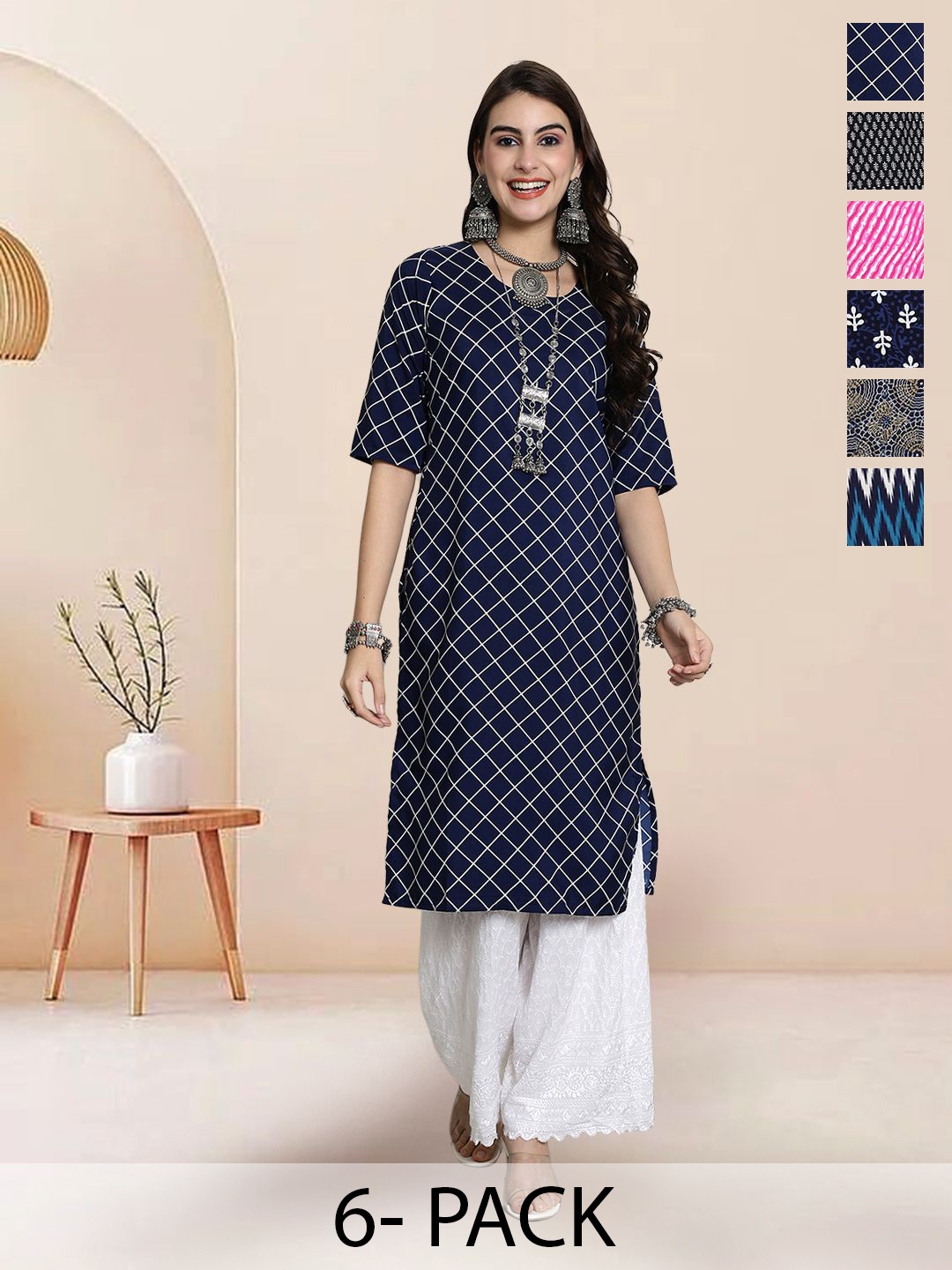 

7Threads Selection Of 6 Geometric Printed Straight Kurtas, Black