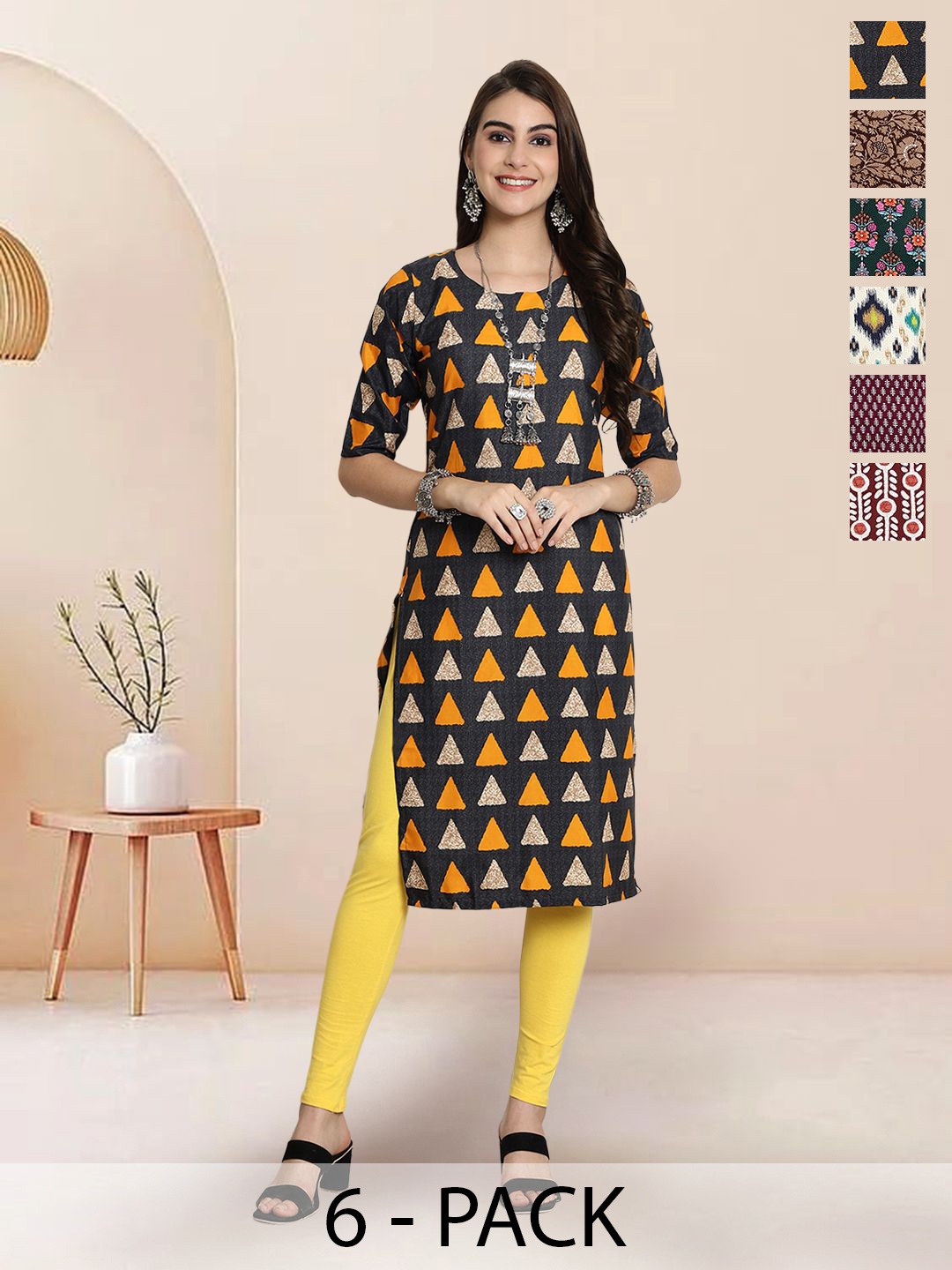 

7Threads Selection Of 6 Geometric Printed Round Neck Straight Kurtas, Black