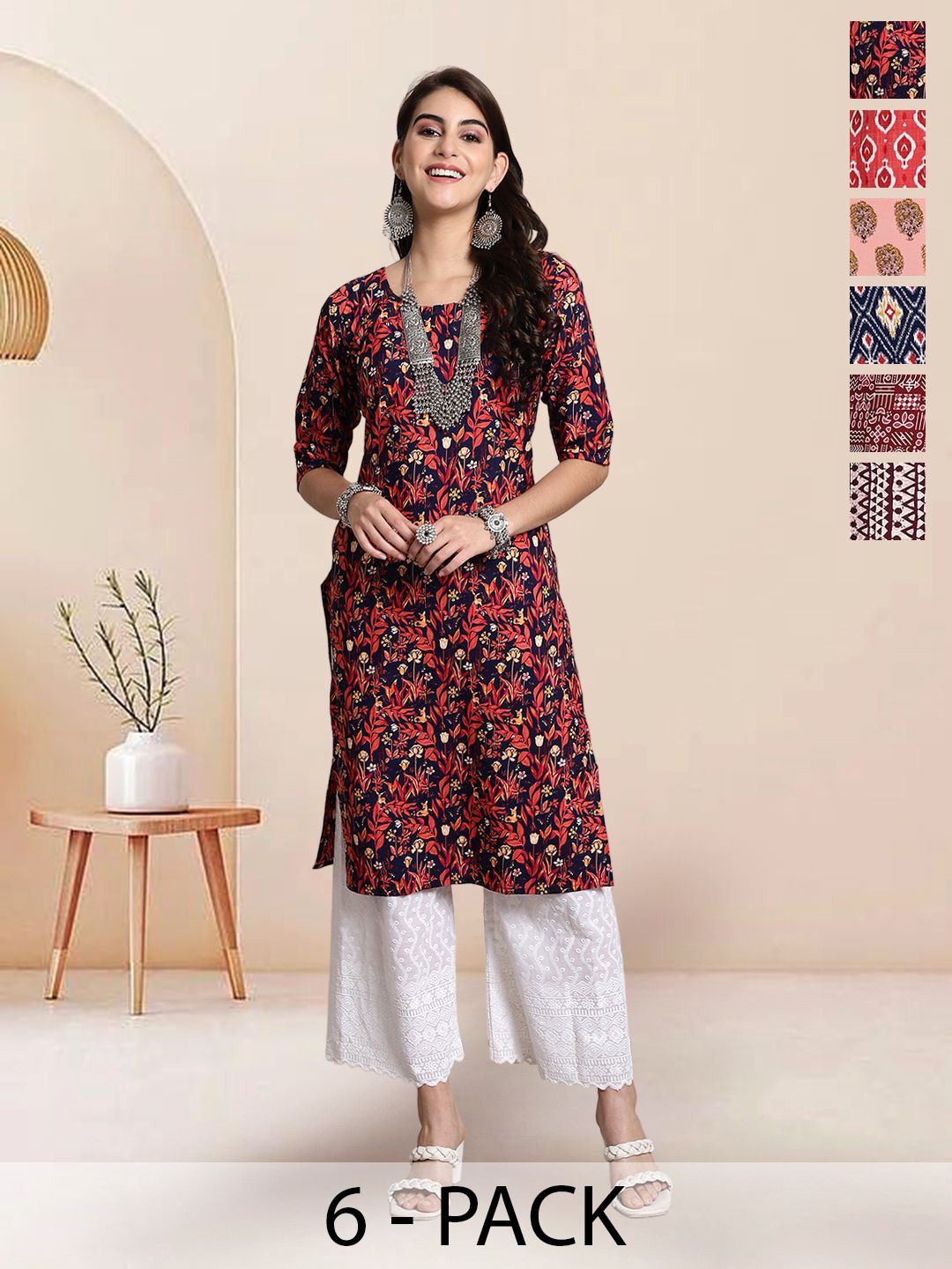 

7Threads Selection of 6 Floral Printed Round Neck Straight Kurtas, Black