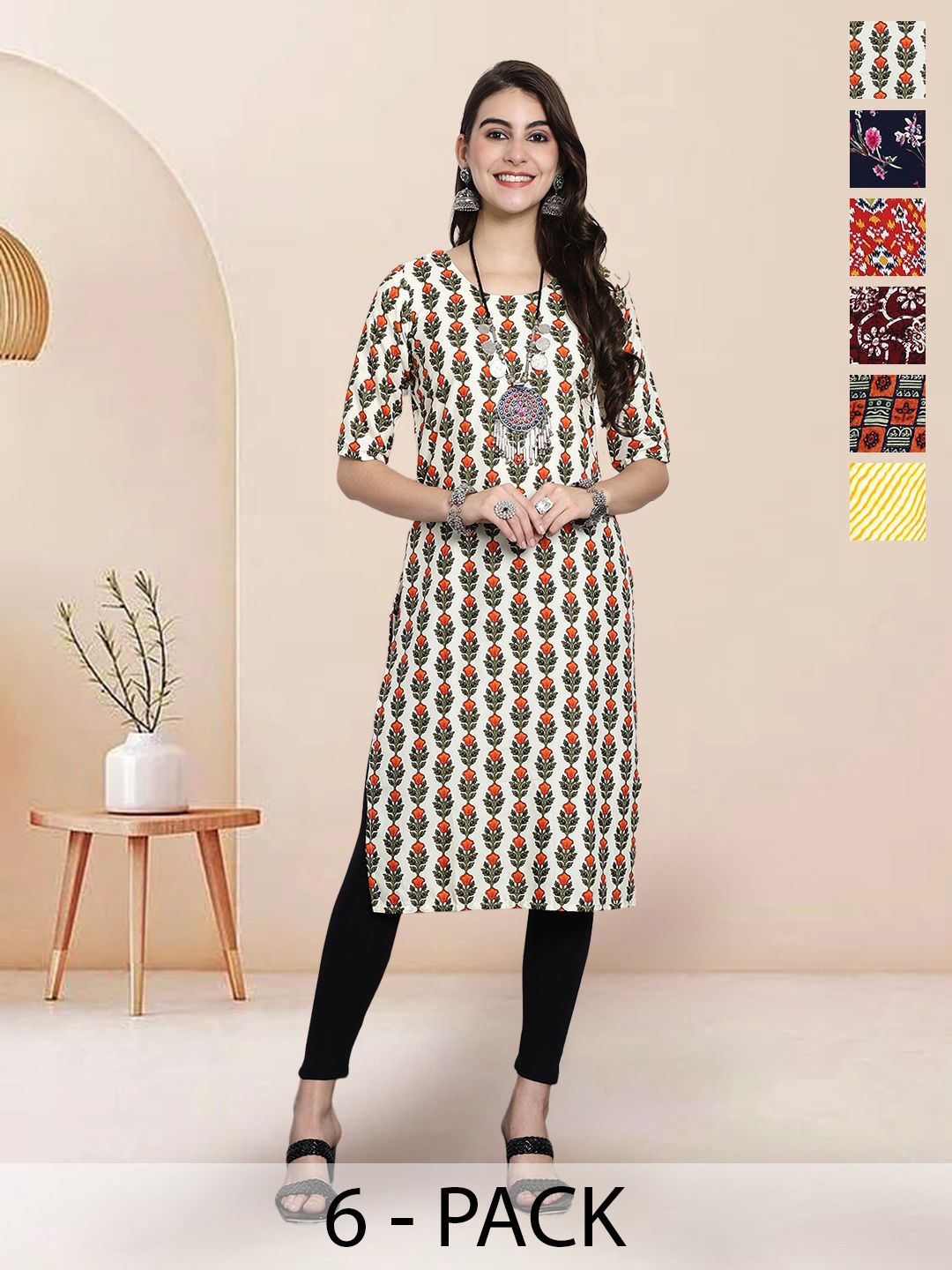 

7Threads Selection Of 6 Ethnic Motifs Printed Round Neck Straight Kurtas, White