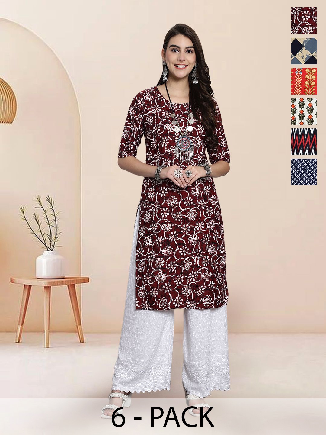 

7Threads Selection Of 6 Floral Printed Round Neck Straight Kurtas, Maroon
